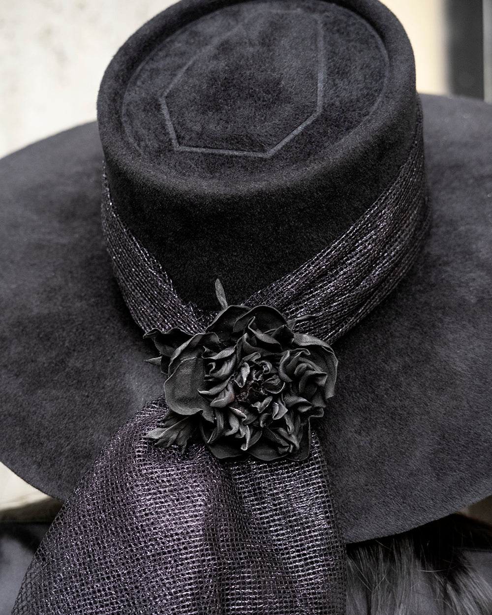 detail of The Coffin Hat by MCK Millinery