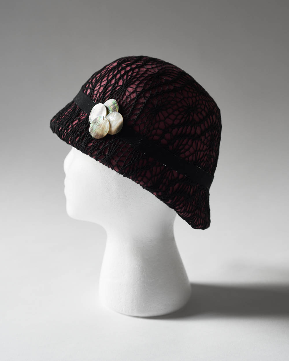 Pink Lace Cloche by MCK Millinery, side view.